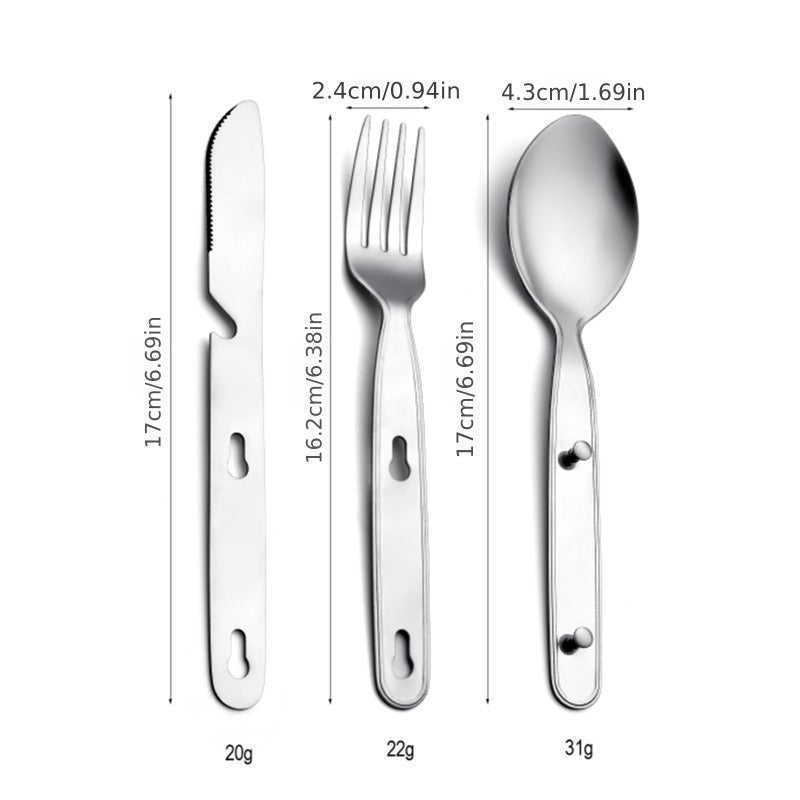 A Collection of Stainless Steel Utensils for Outdoor Use, Including a Knife, Fork, And Spoon - Convenient for Storage And Folding, Ideal for Camping Dining.