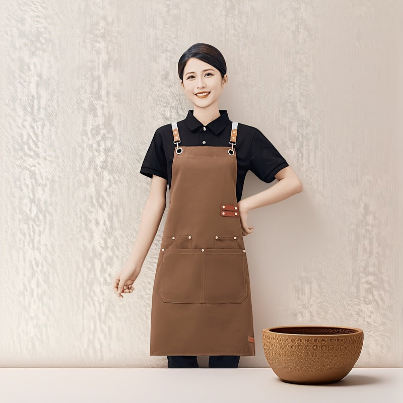 Unisex Canvas Cross-Back Apron with Adjustable Shoulder Straps and Large Pockets for Kitchen Cooking