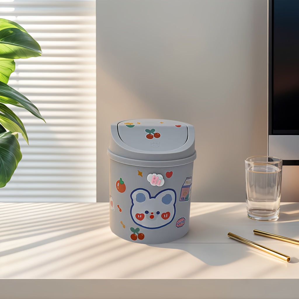 Compact Portable Flip-Top Desktop Trash Can - Space-Saving, Easy-to-Clean Mini Waste Bin with Cute Rabbit & Floral Design, Durable PP Material, Ideal for Home and Office Use, Office Trash Ca