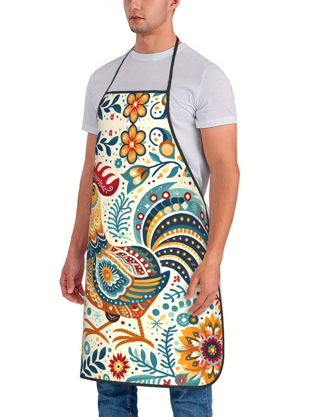 Printed Apron, Swedish Flower Hen Design, Vibrant Rooster & Floral Pattern, Lightweight Woven Fabric, Ideal for Kitchen & Restaurant Use, Vibrant Apron|Floral Pattern Apron|Durable Apron, Apron