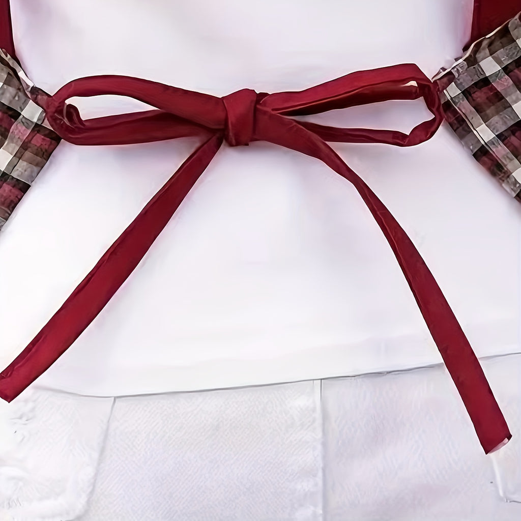 Plaid And Portrait Printed Apron with Pockets, Breathable And Soft, Youthful Style, Machine Washable, All Season Courtyard Outdoor Garden Apron, Women'S Clothing, Fashionable, Red Theme