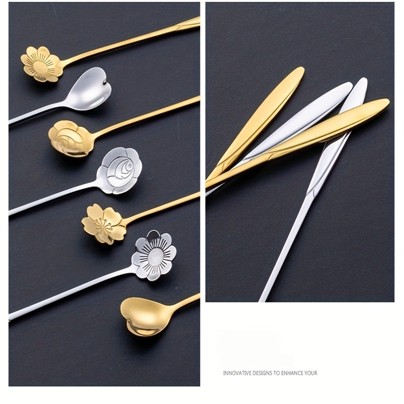 4pcs Flowers Design Gold Spoon Long Handle Dessert Tea Coffee Mixing Spoon Stainless Steel Vintage Teaspoons Drink Tableware