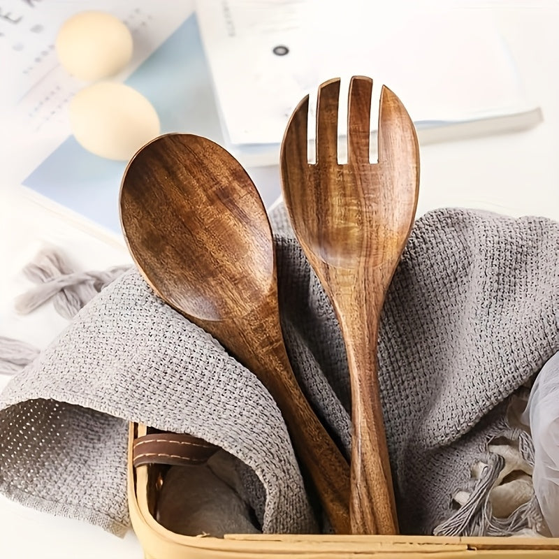 2pcs Wooden Salad Fork and Spoon Set, Reusable, Easy to Carry, Ideal for Home, Restaurant, and Outdoor Dining