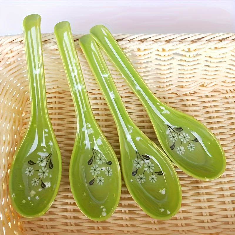 10 Heat-Resistant Melamine Long-Handled Spoons, Small Soup Spoons for Home Use, Restaurant, Floral Design, Food Store