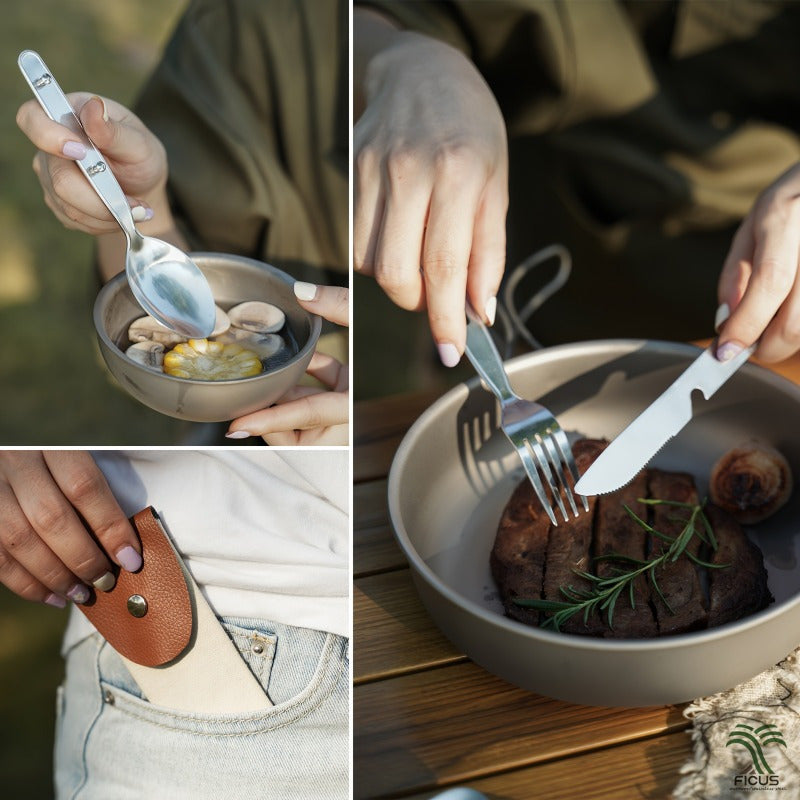 A Collection of Stainless Steel Utensils for Outdoor Use, Including a Knife, Fork, And Spoon - Convenient for Storage And Folding, Ideal for Camping Dining.