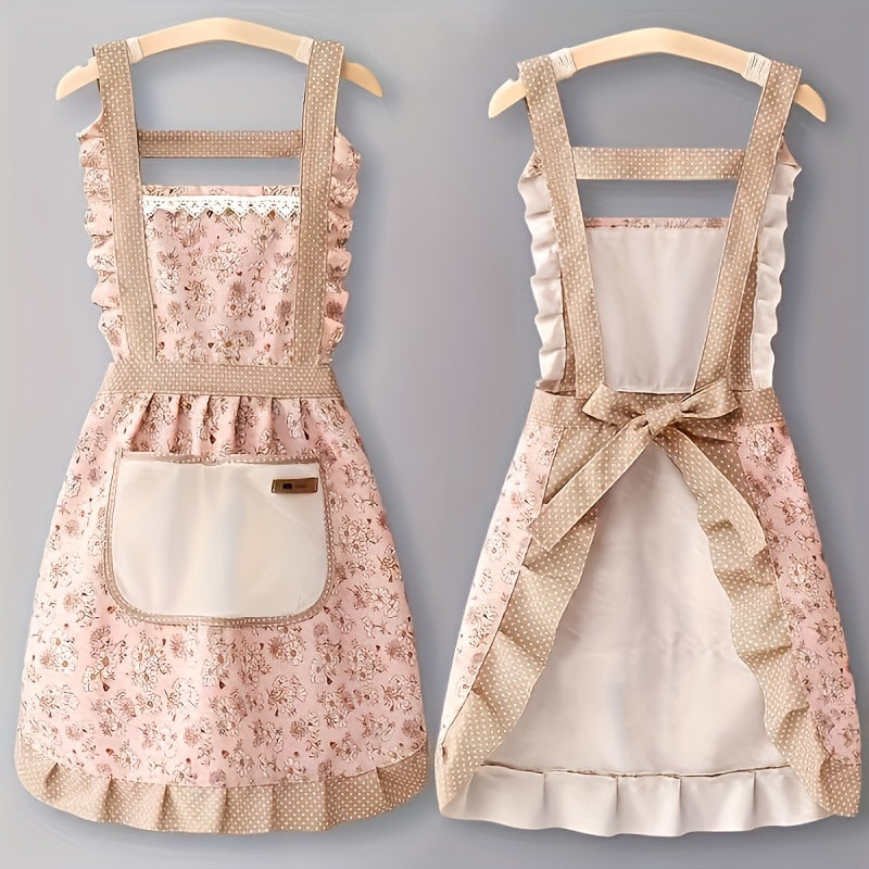 Floral Lace Princess Apron with Hand Wipe Pocket - Polyester, Adjustable Straps, Ruffled Hem, Ideal for Kitchen, Living Room, Bathroom Cleaning | Available in Pink & Green